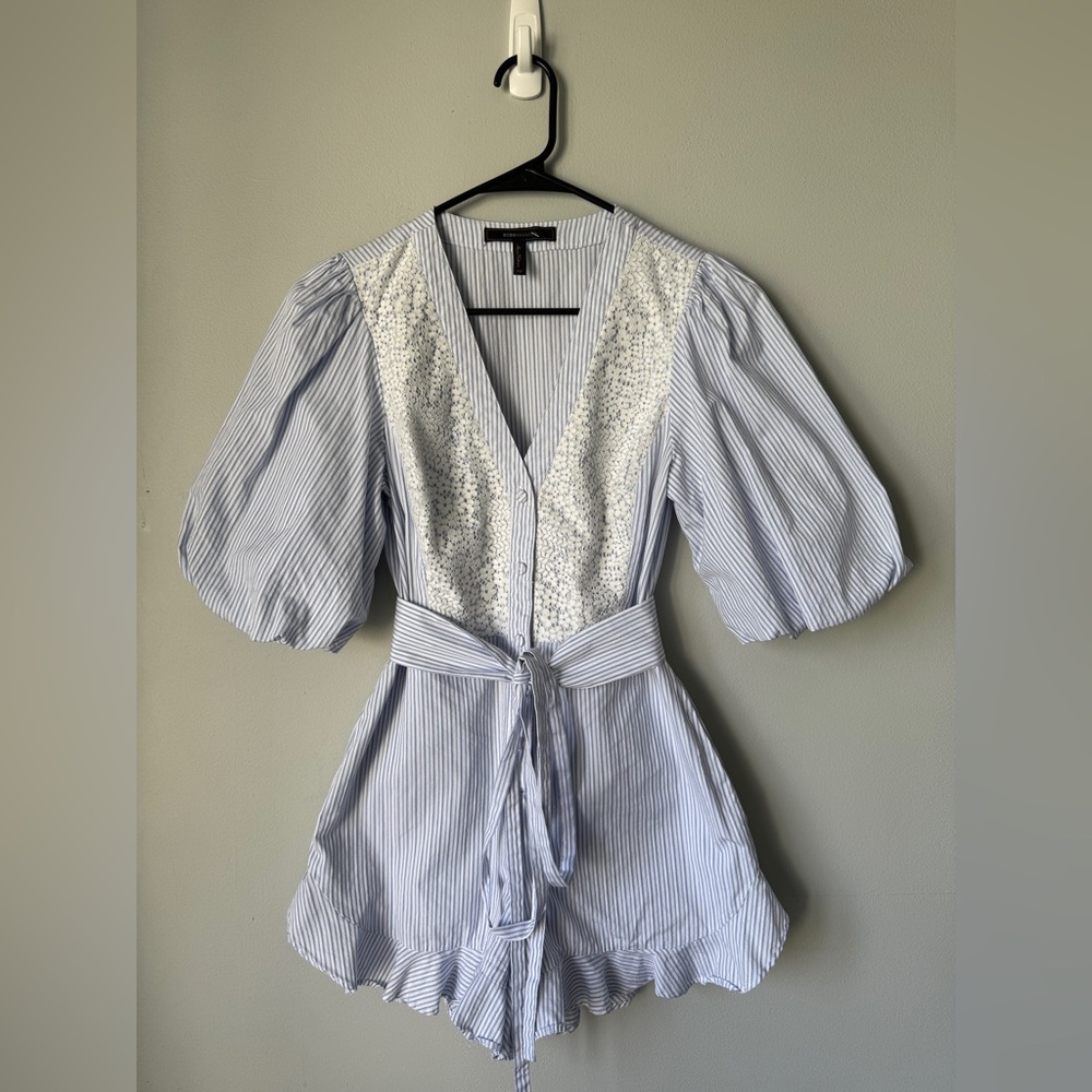 BCBGMaxAzria Light Blue & White Striped Lace-Inset Romper